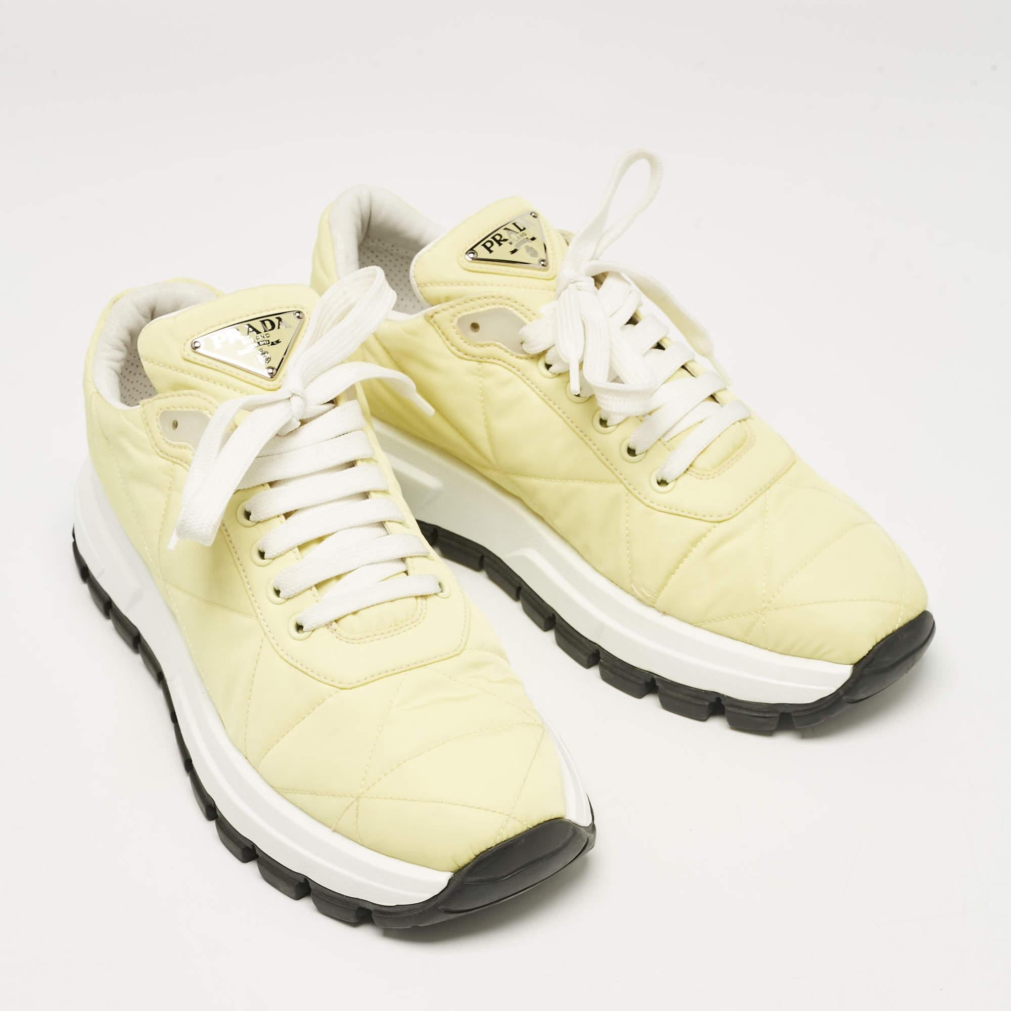 White Prada Yellow Nylon Gabardine Low Top Sneakers 39.5