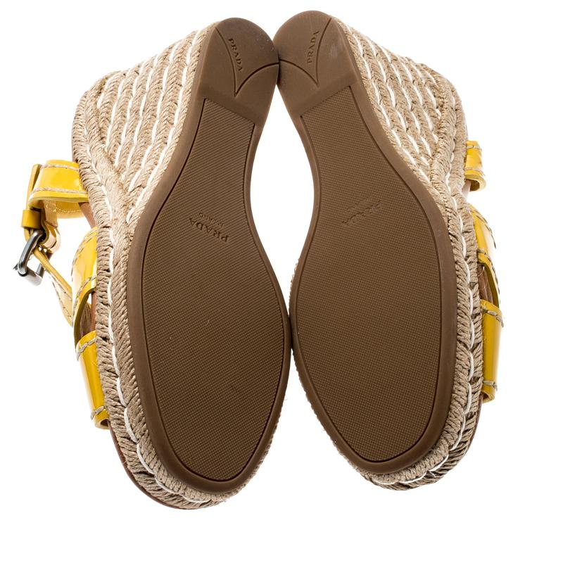 Women's Prada Yellow Patent Leather Espadrille Wedge Cross Strap Sandals Size 38.5