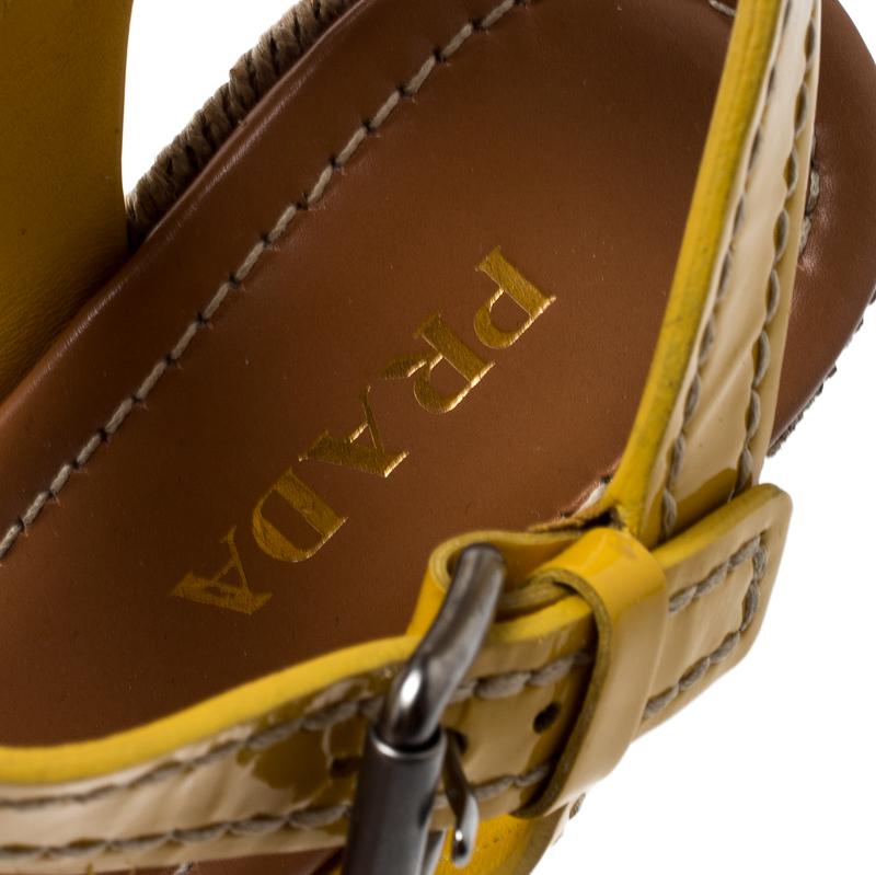 Prada Yellow Patent Leather Espadrille Wedge Cross Strap Sandals Size 38.5 1