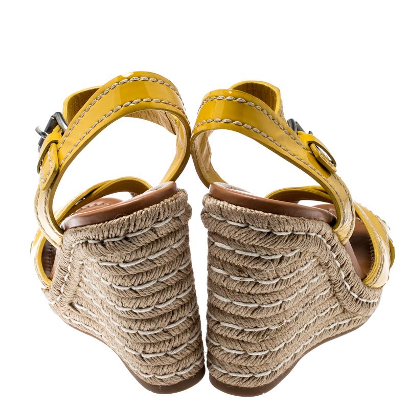 Prada Yellow Patent Leather Espadrille Wedge Cross Strap Sandals Size 38.5 2