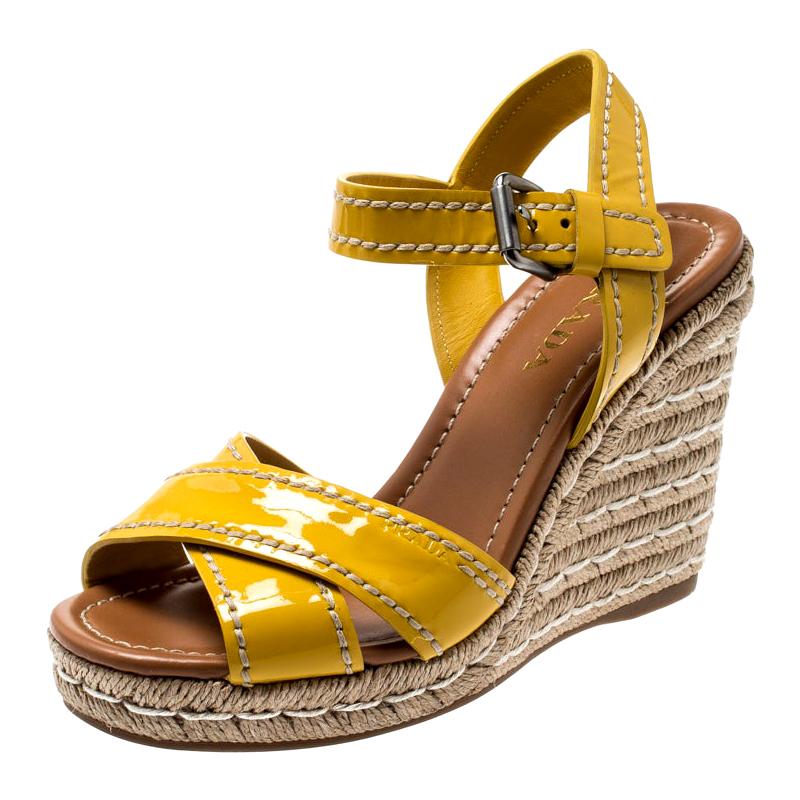Prada Yellow Patent Leather Espadrille Wedge Cross Strap Sandals Size 38.5