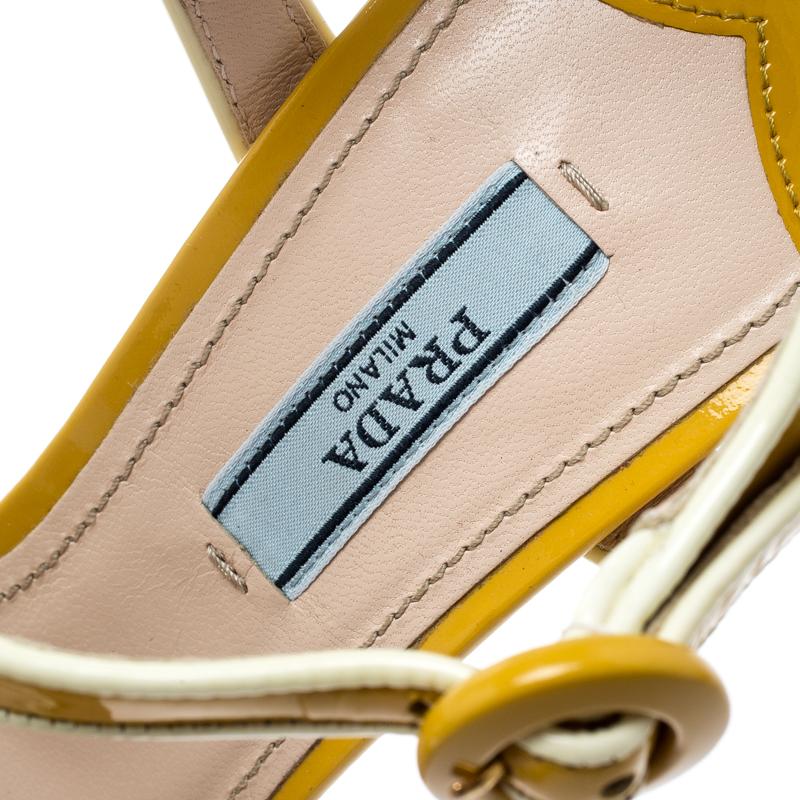 Beige Prada Yellow Patent Leather T-Strap Platform Sandals Size 37.5