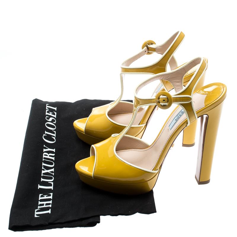 Prada Yellow Patent Leather T-Strap Platform Sandals Size 37.5 1