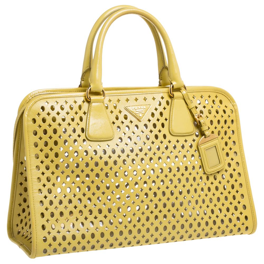 Women's Prada Yellow Perforated Patent Leather Tote