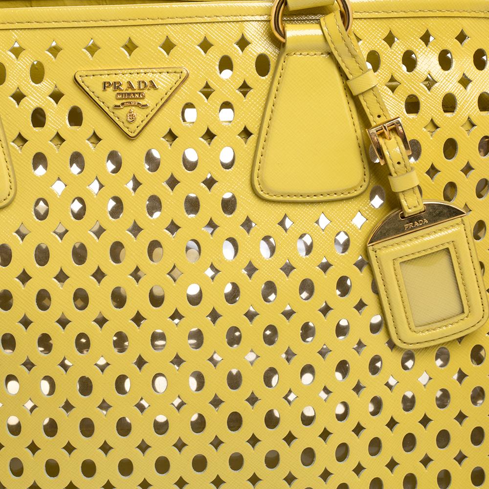 Prada Yellow Perforated Patent Leather Tote 3