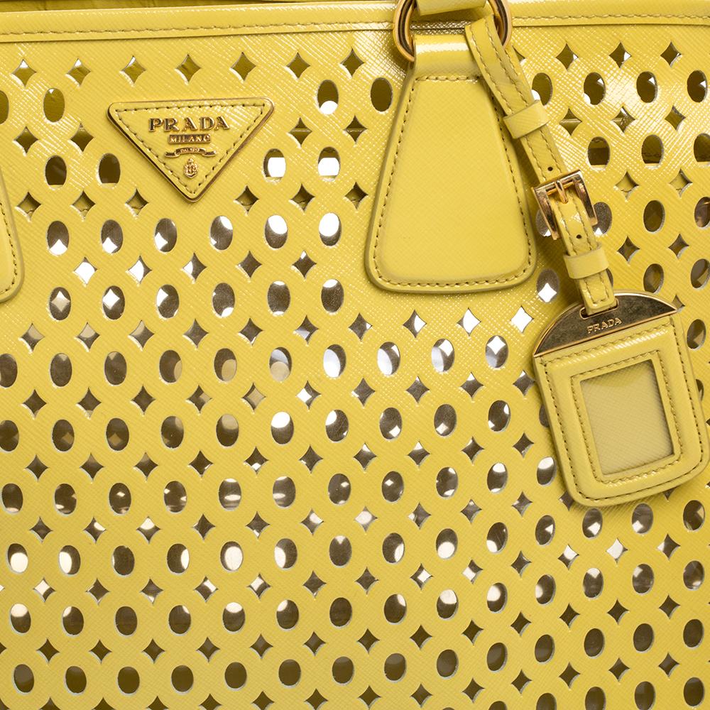 Prada Yellow Perforated Patent Leather Tote 3