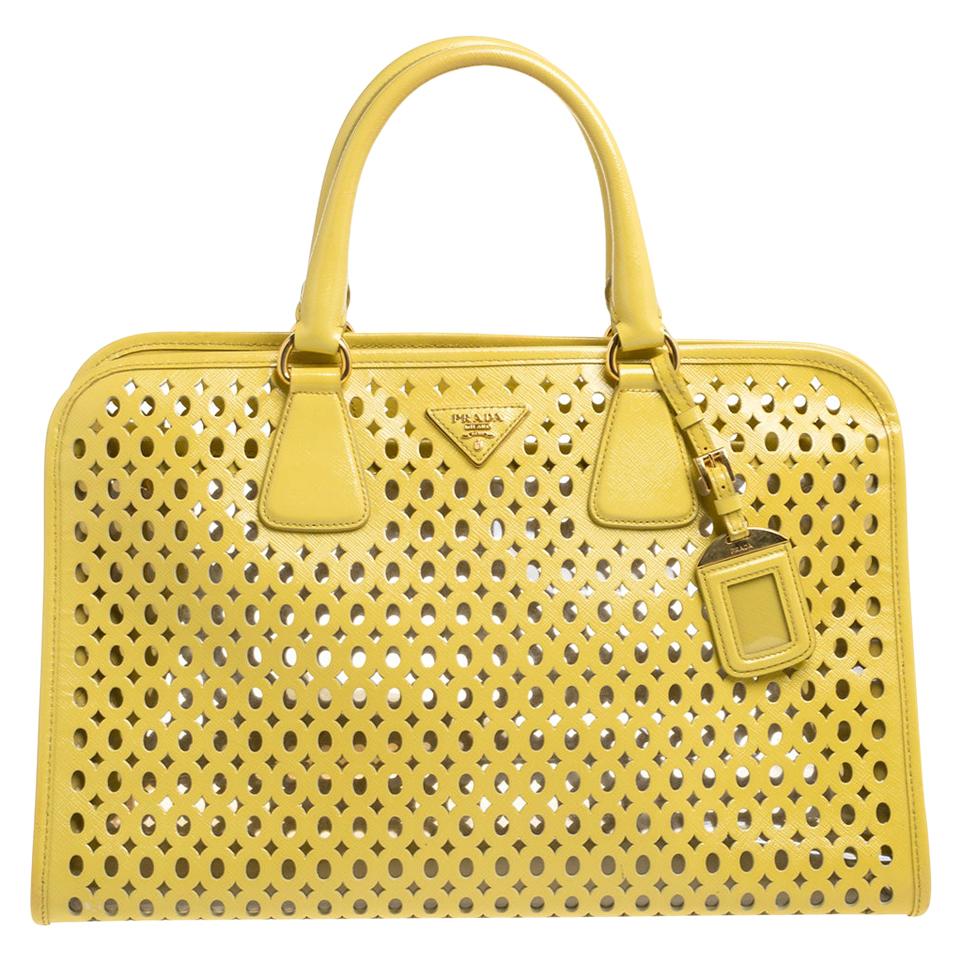 Prada Yellow Perforated Patent Leather Tote