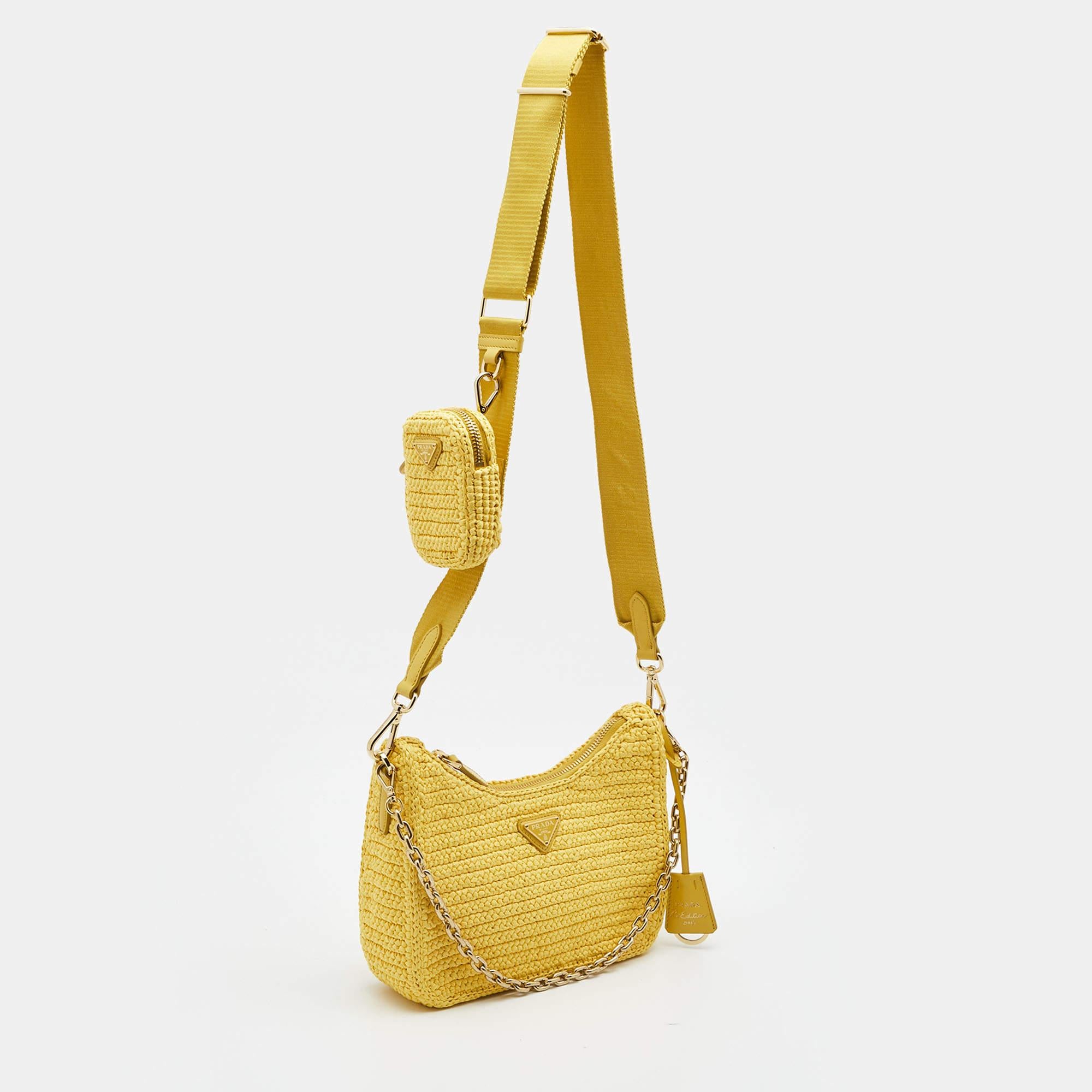 Women's Prada Yellow Raffia and Leather Re-Edition 2005 Baguette Bag
