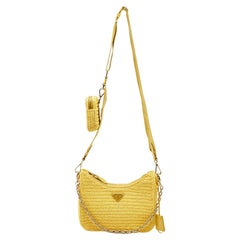 Used Prada Yellow Raffia and Leather Re-Edition 2005 Baguette Bag