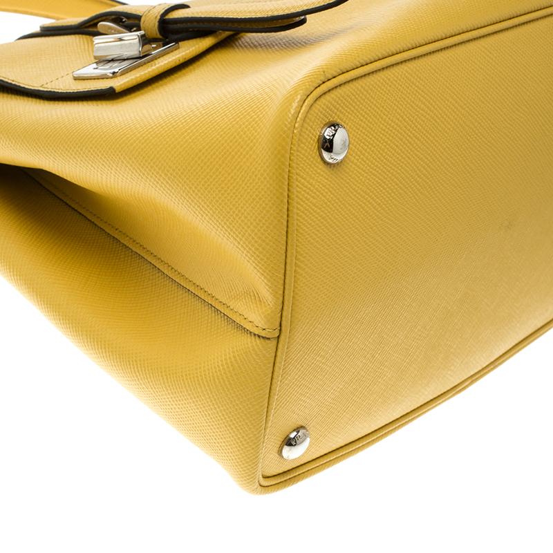 Prada Yellow Saffiano Cuir Leather Double Turn Lock Satchel 6