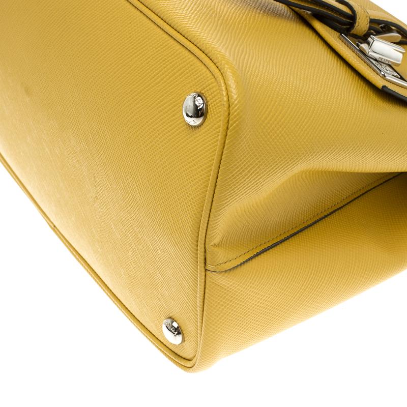 Prada Yellow Saffiano Cuir Leather Double Turn Lock Satchel 8