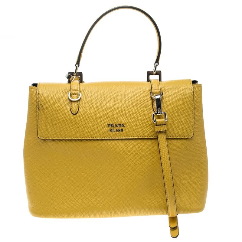 Women's Prada Yellow Saffiano Cuir Leather Double Turn Lock Satchel