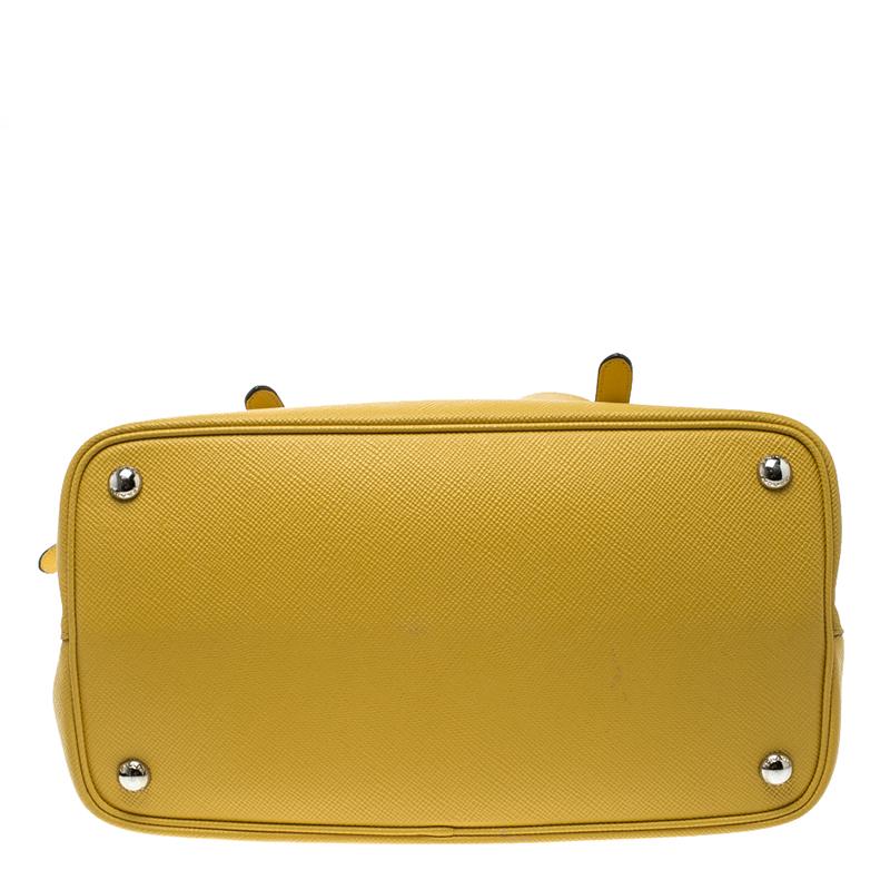 Prada Yellow Saffiano Cuir Leather Double Turn Lock Satchel 2