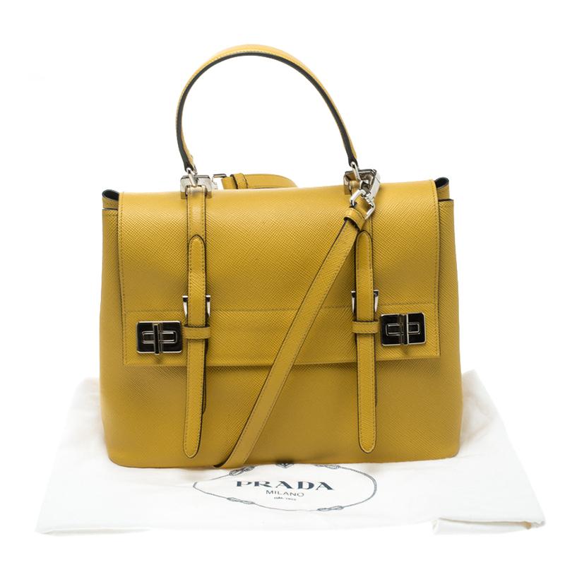 Prada Yellow Saffiano Cuir Leather Double Turn Lock Satchel 5