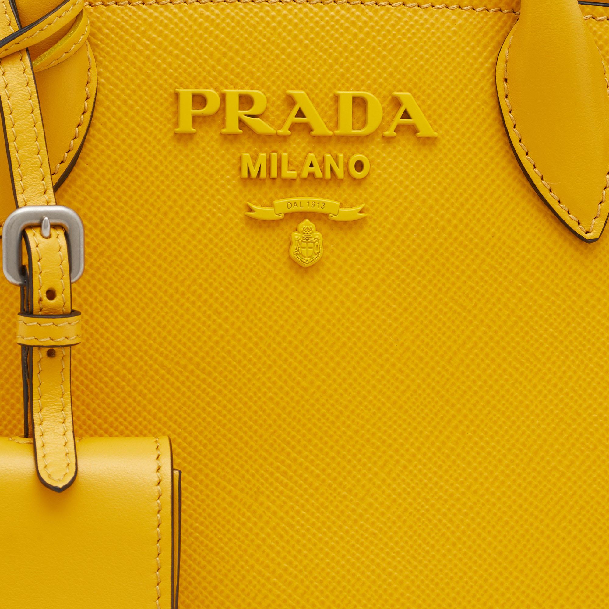 Prada Yellow Saffiano Cuir Leather Monochrome Satchel In New Condition In Dubai, Al Qouz 2