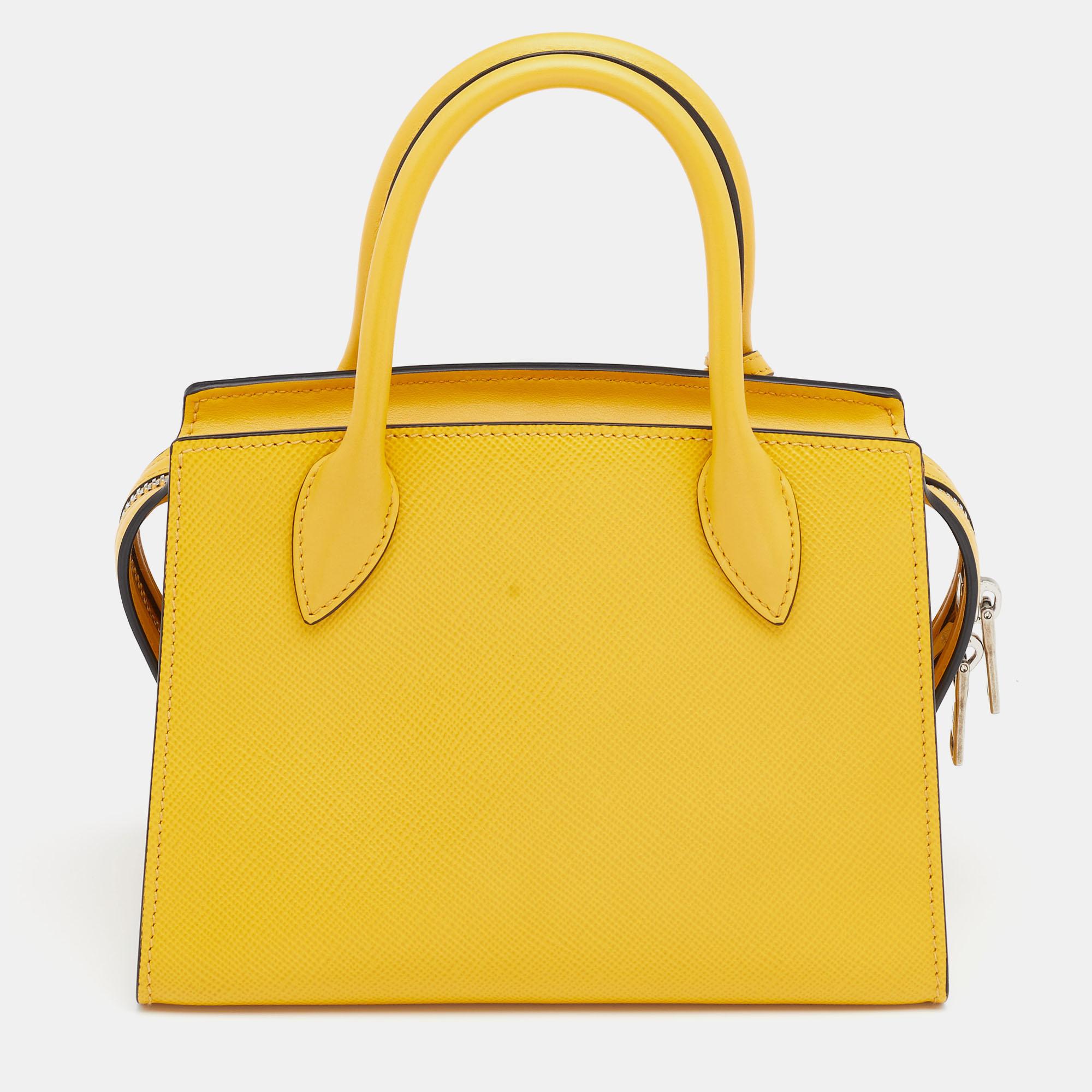 Prada Yellow Saffiano Cuir Leather Monochrome Satchel 2