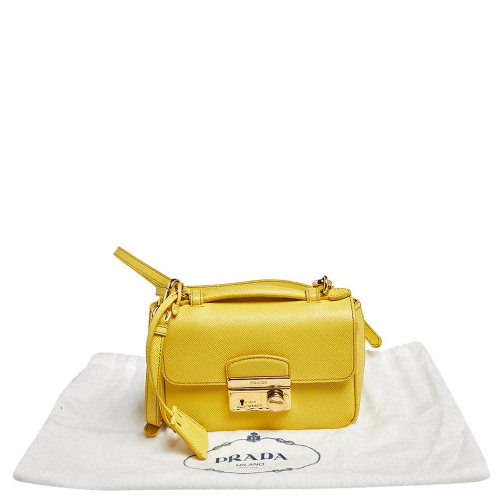 Prada Yellow Saffiano Leather Small Sound Flap Bag 11