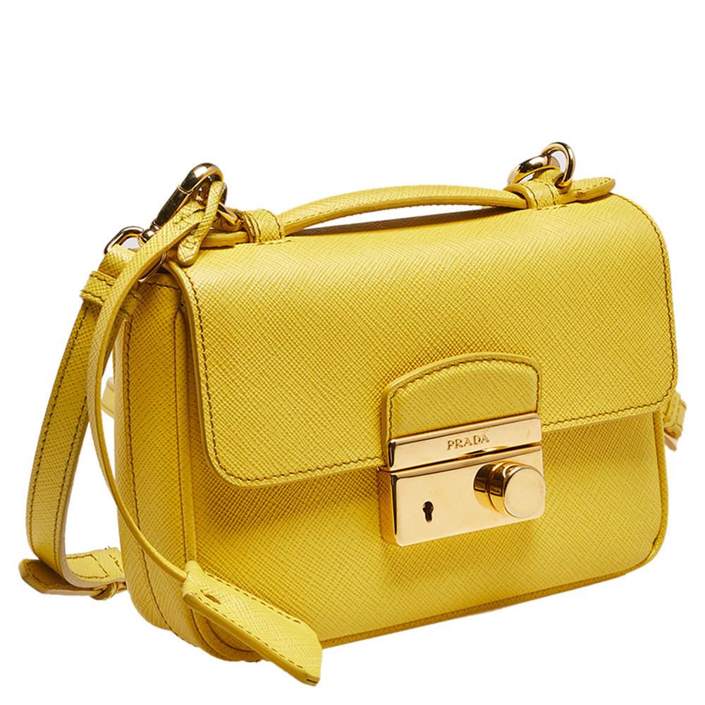 Prada Yellow Saffiano Leather Small Sound Flap Bag In Good Condition In Dubai, Al Qouz 2