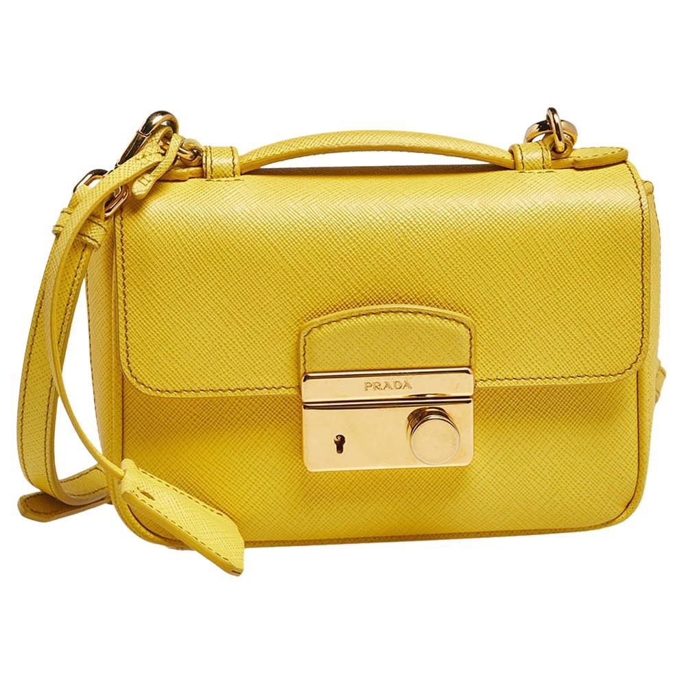 PRADA Bowling Perforated Saffiano Leather Satchel Bag Pink/Yellow