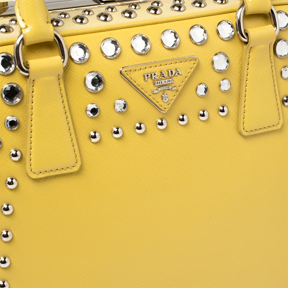 Prada Yellow Saffiano Lux Leather Crystal Embellished Pyramid Frame Satchel 3