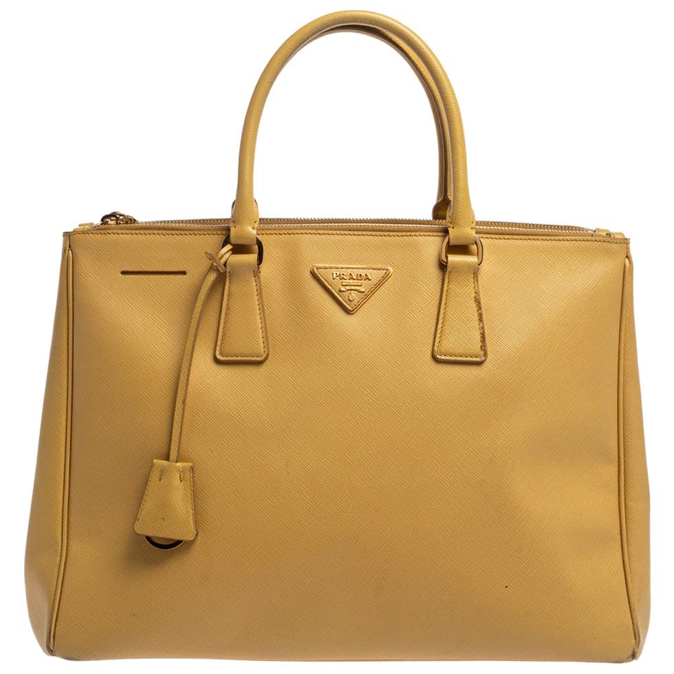 Prada Yellow Saffiano Lux Leather Large Double Zip Tote