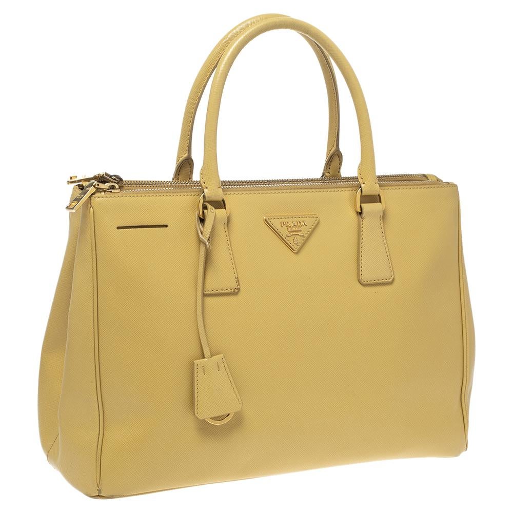 Beige Prada Yellow Saffiano Lux Leather Medium Double Zip Tote