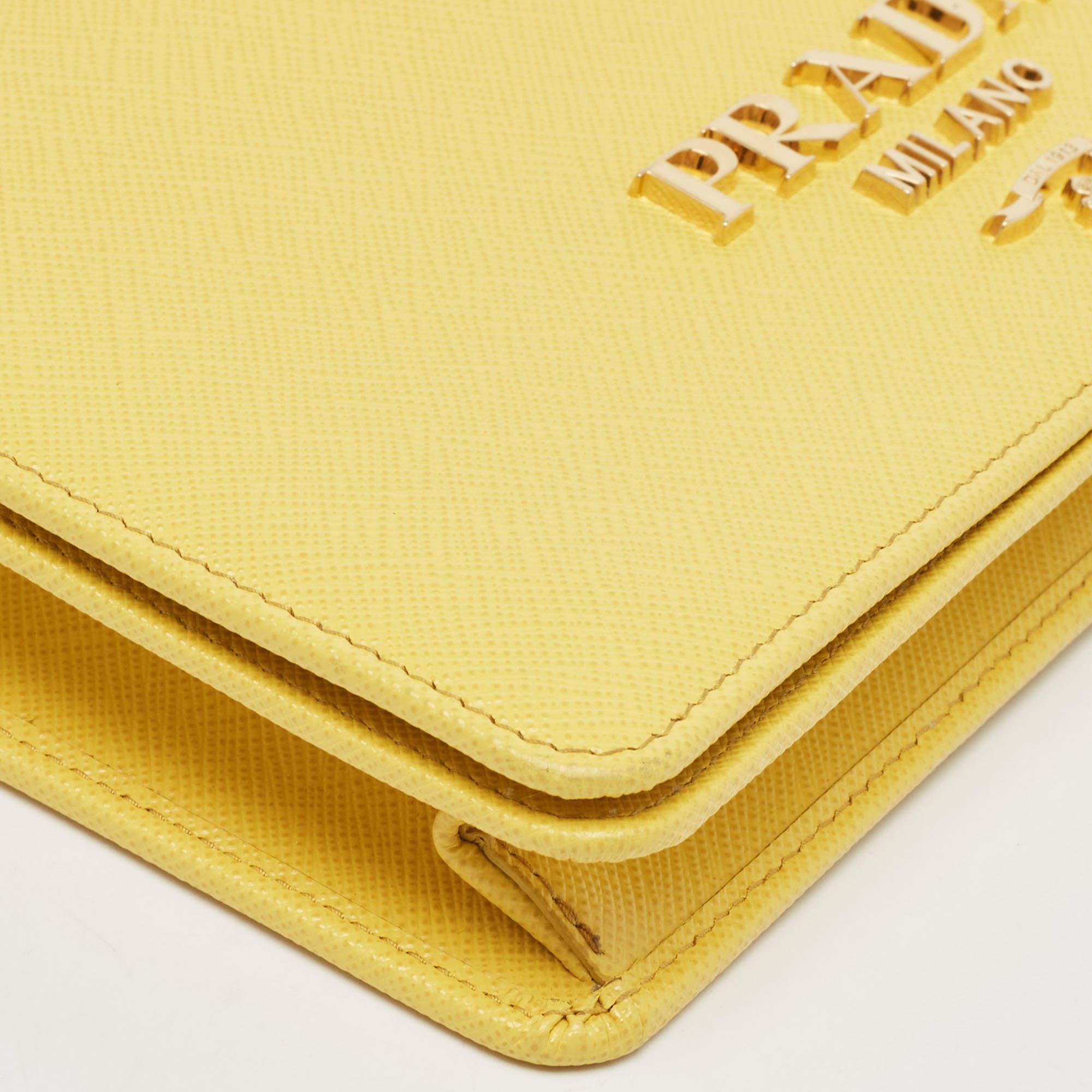 Women's Prada Yellow Saffiano Lux Leather Mini Flap Crossbody Bag