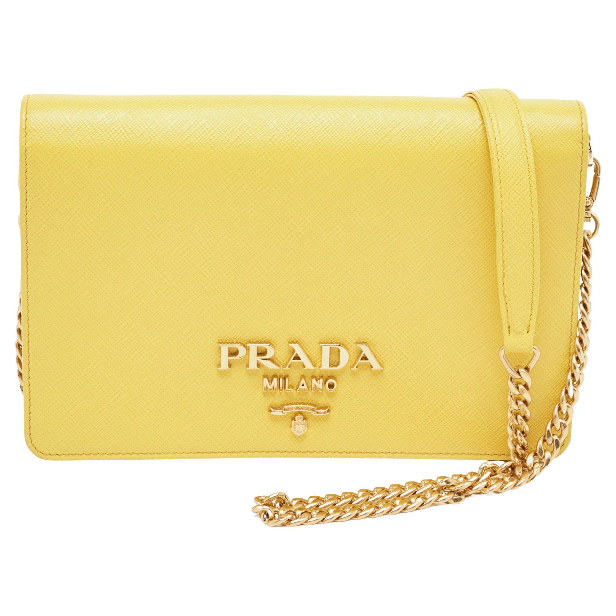 Prada Yellow Saffiano Lux Leather Mini Flap Crossbody Bag