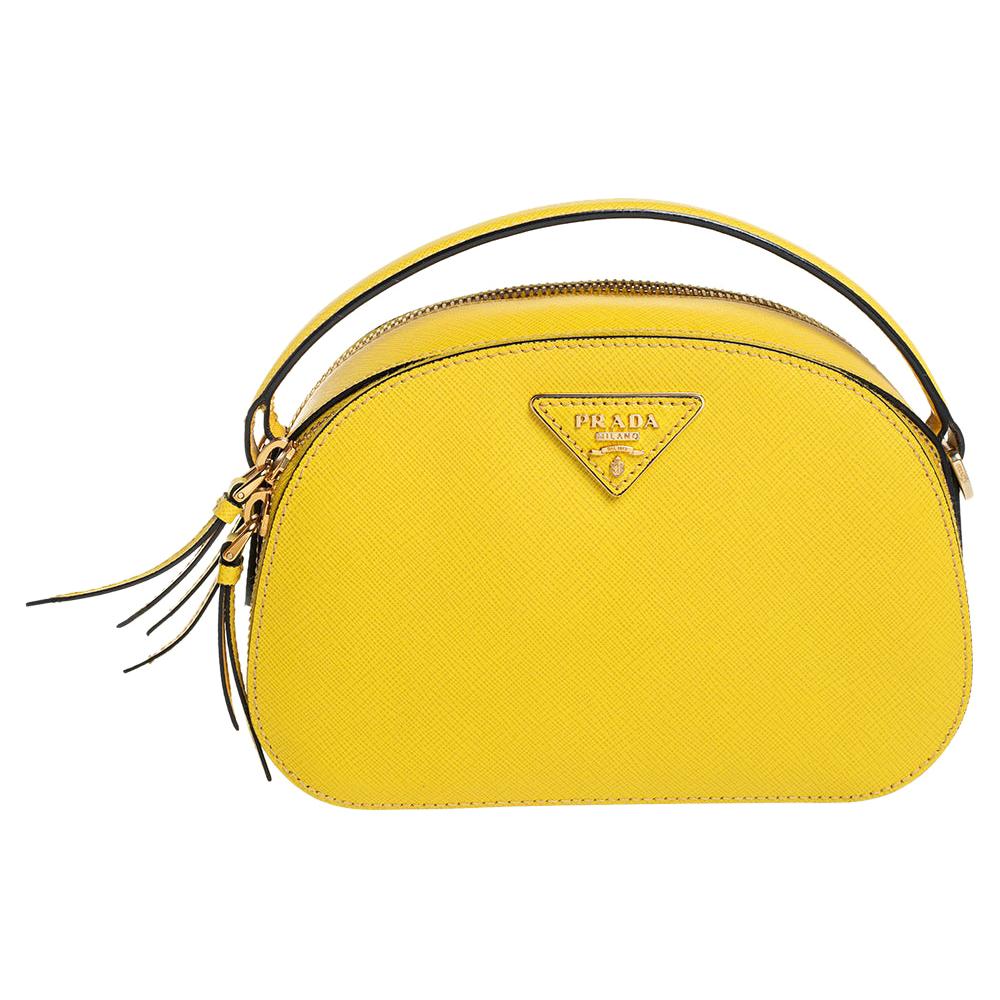 Prada Yellow Saffiano Lux Leather Odette Top Handle Bag
