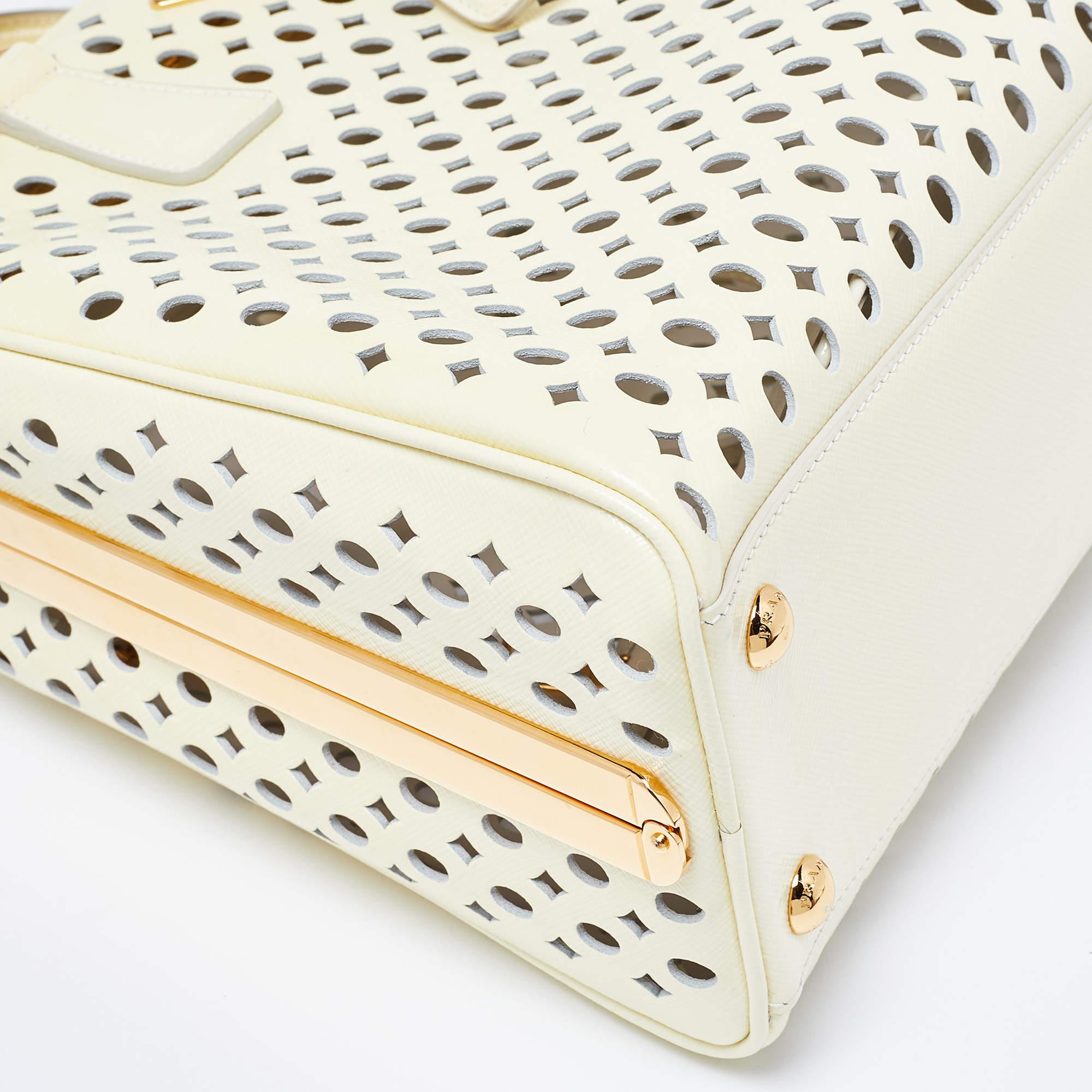 Prada Yellow Saffiano Patent Leather Pyramid Frame Satchel 8