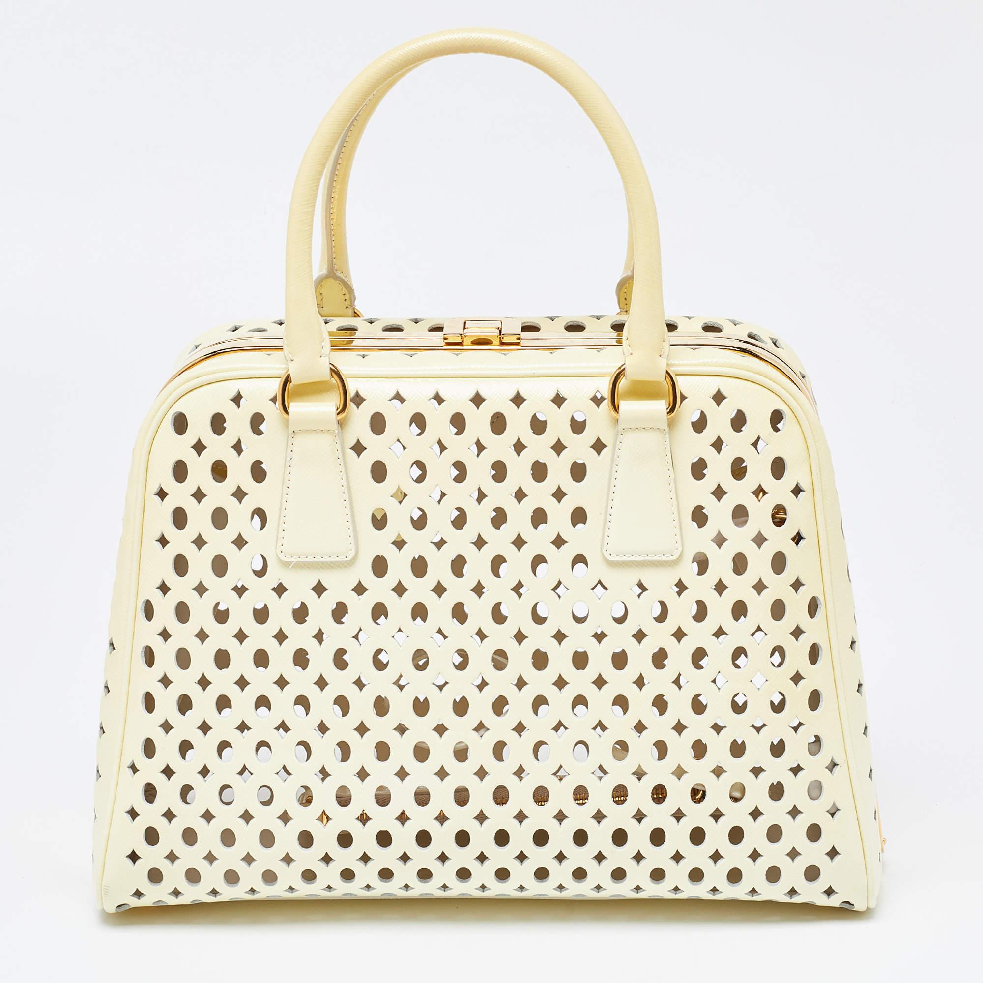 Prada Yellow Saffiano Patent Leather Pyramid Frame Satchel In Good Condition In Dubai, Al Qouz 2