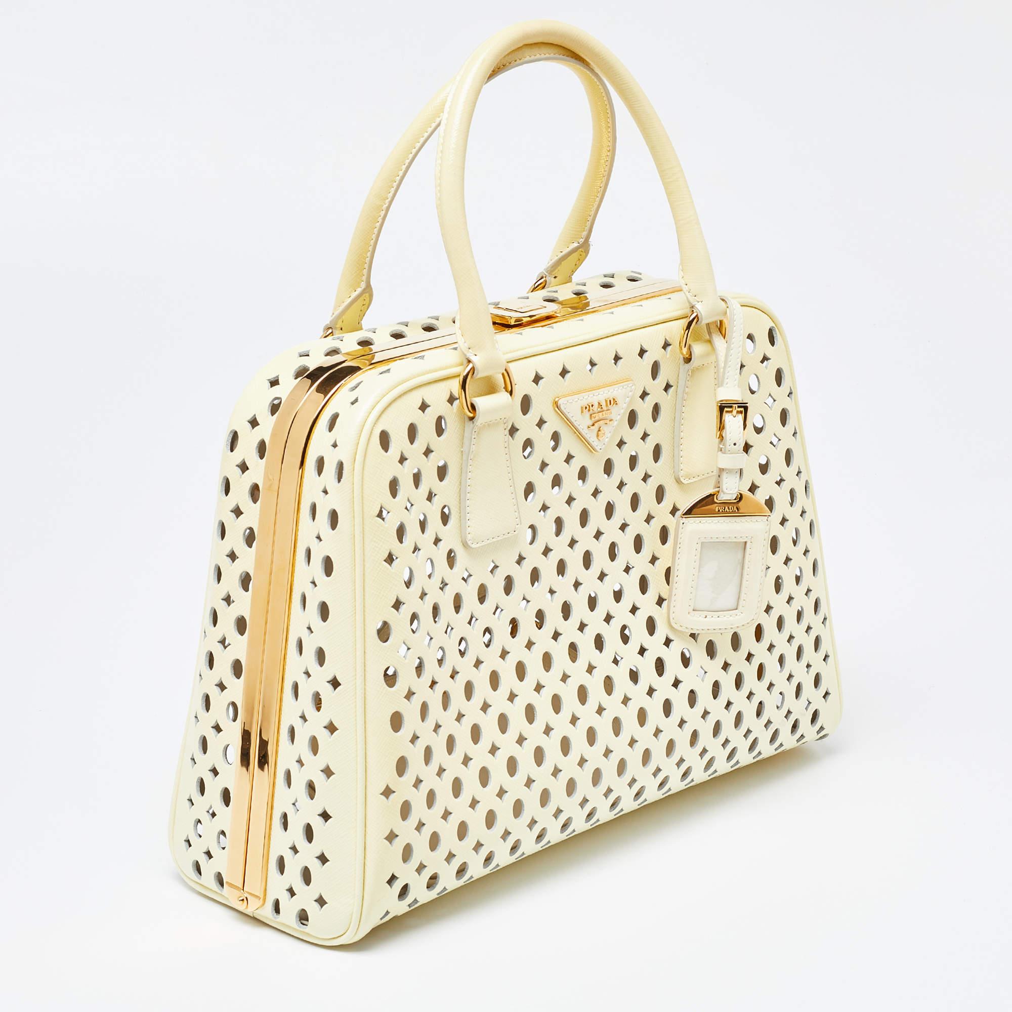 Women's Prada Yellow Saffiano Patent Leather Pyramid Frame Satchel