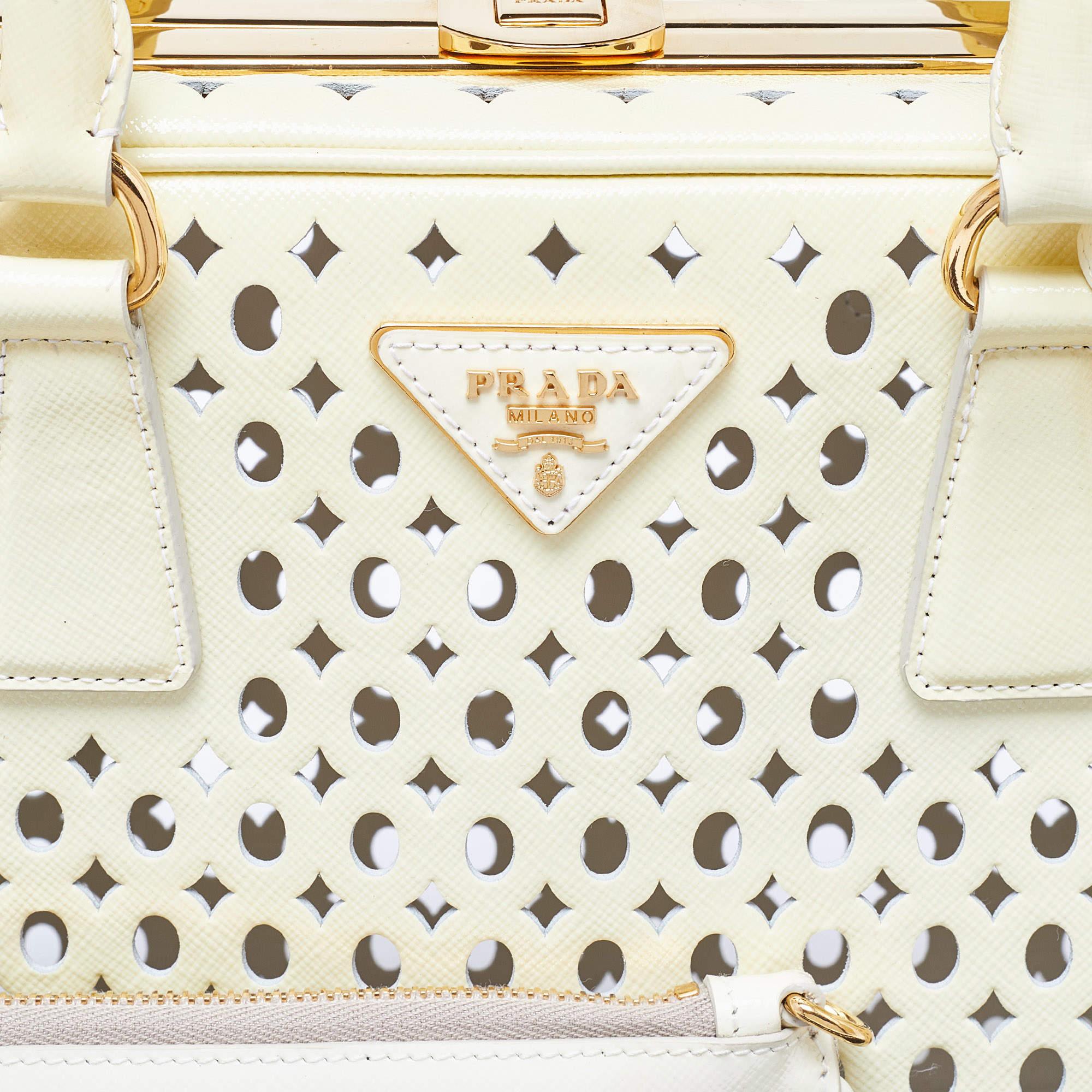 Prada Yellow Saffiano Patent Leather Pyramid Frame Satchel 1