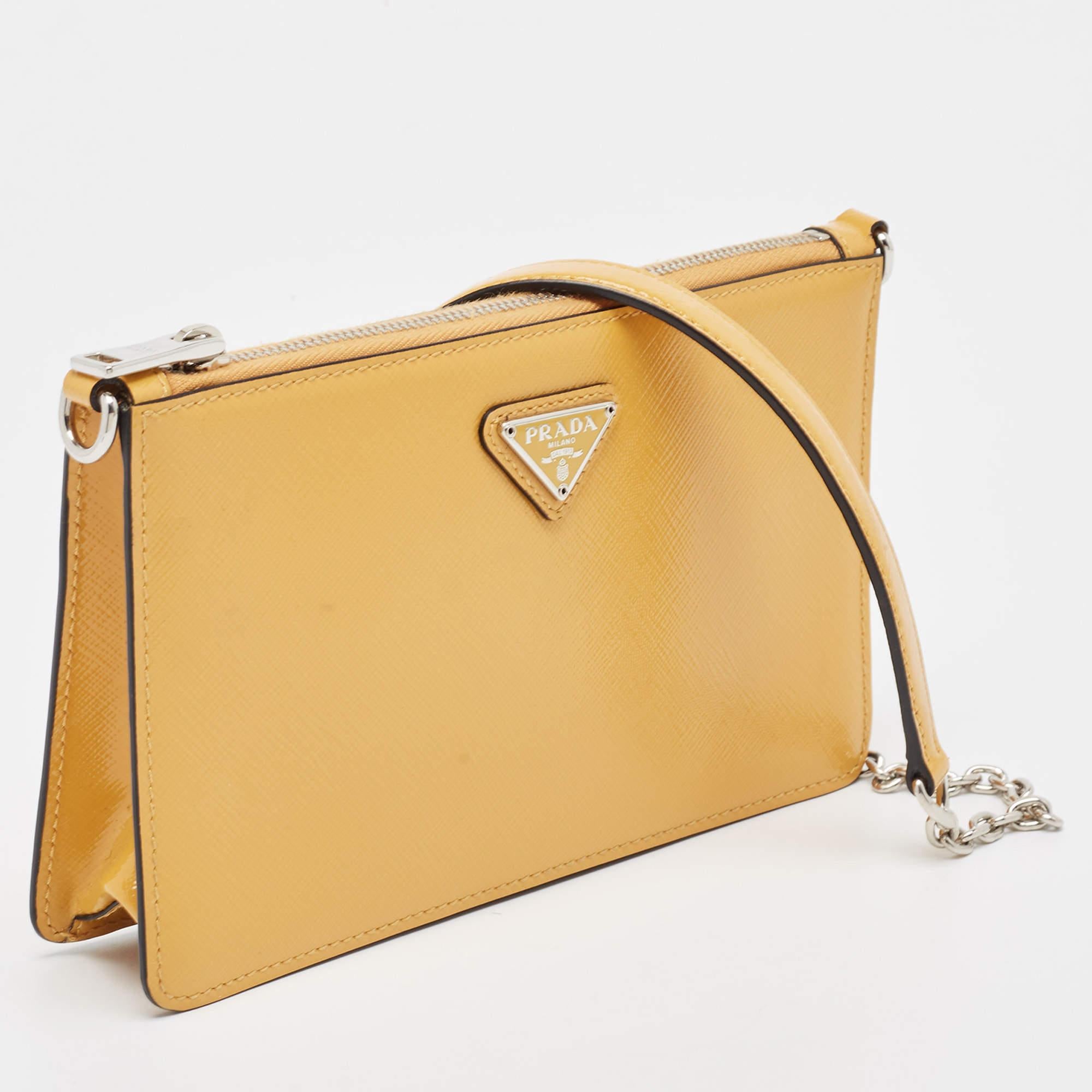 Prada Yellow Saffiano Vernice Leather Chain Shoulder Bag In Good Condition In Dubai, Al Qouz 2