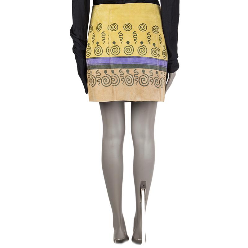 Beige PRADA yellow tan purple PRINTED suede Short Skirt 42 M