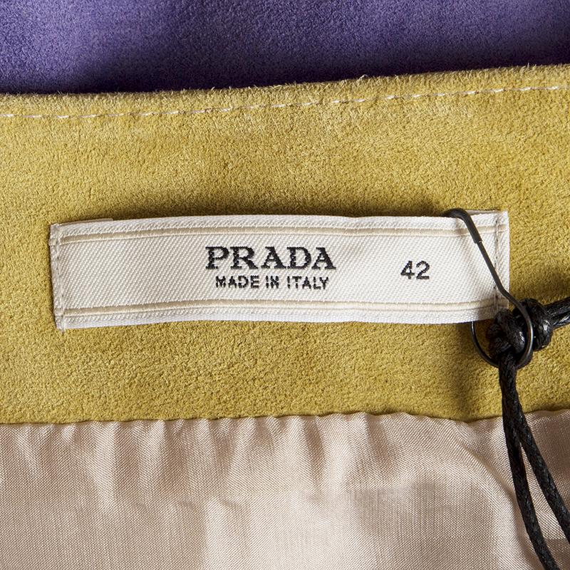 PRADA yellow tan purple PRINTED suede Short Skirt 42 M In Excellent Condition In Zürich, CH