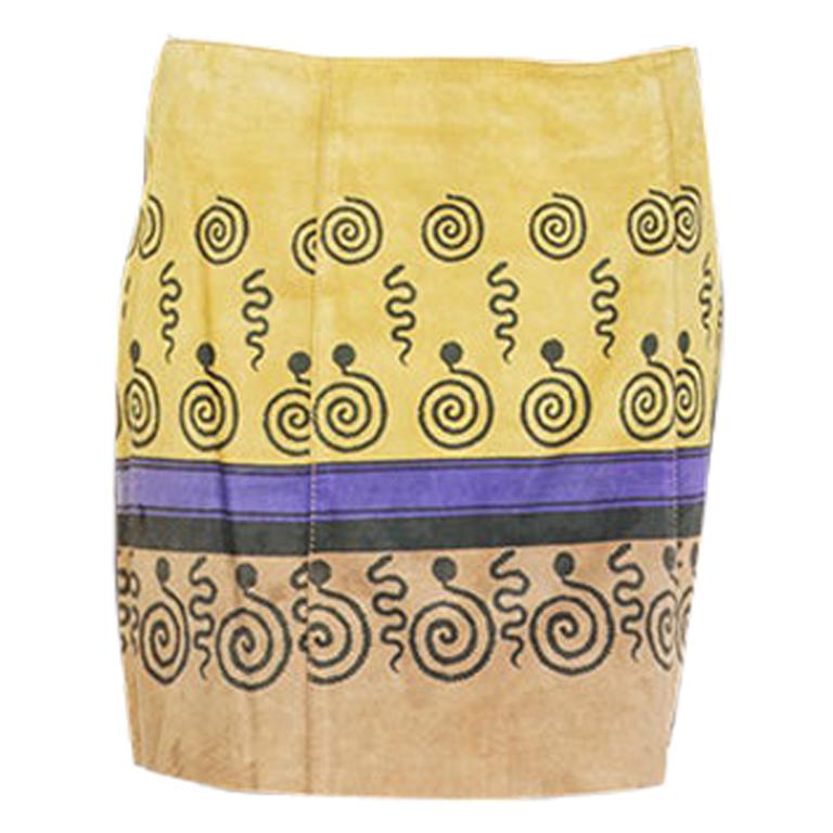 PRADA yellow tan purple PRINTED suede Short Skirt 42 M