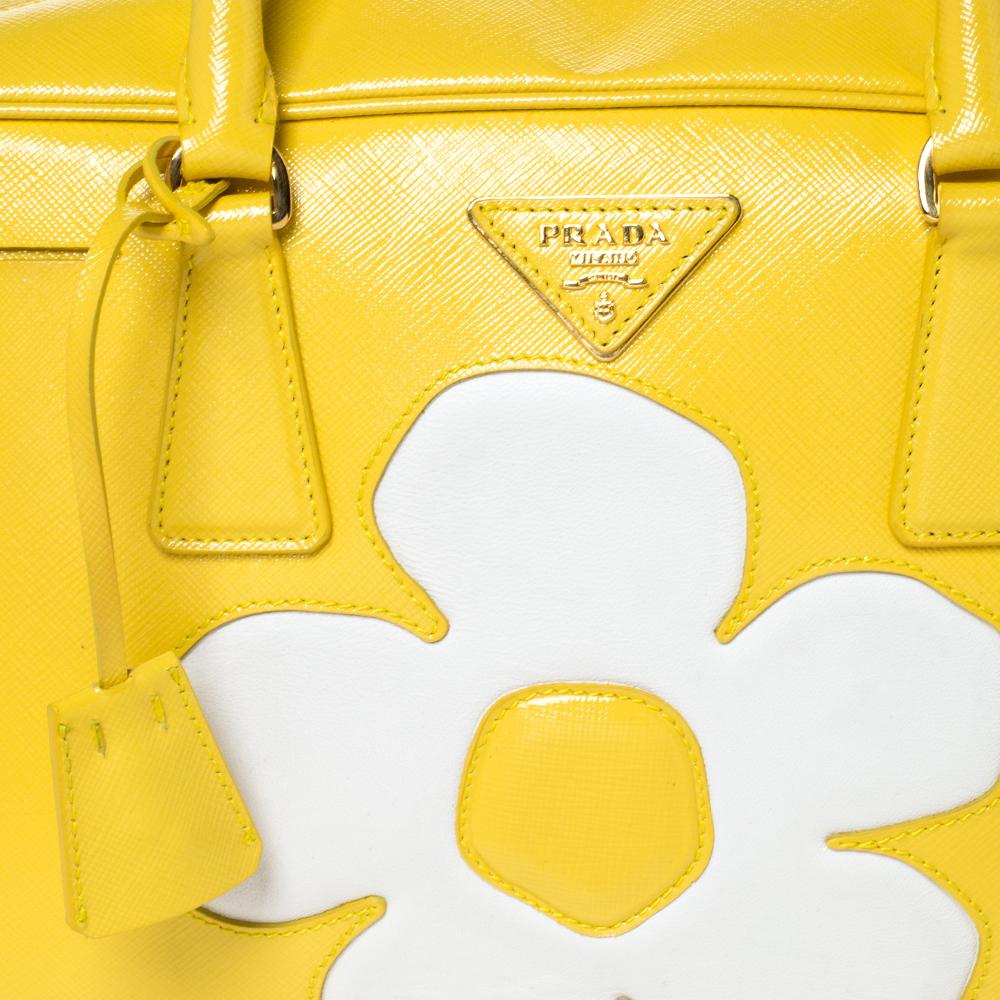 Prada Yellow/White Saffiano Patent Leather Flower Bauletto Bag 3