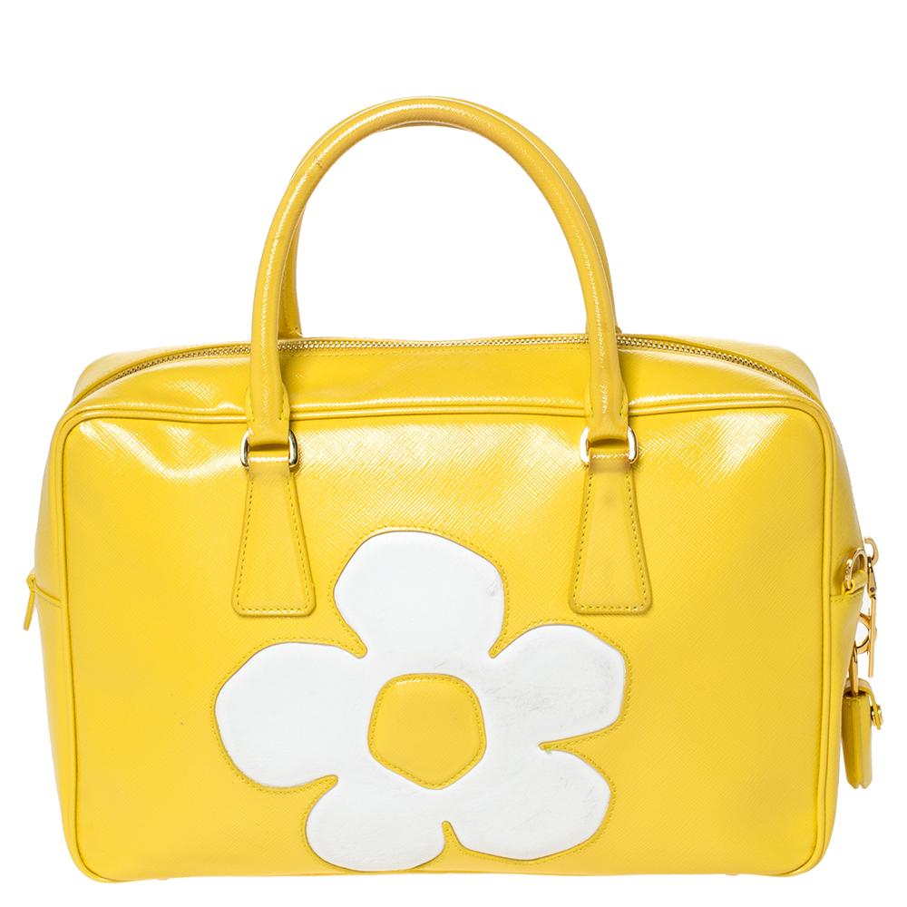 Prada Yellow/White Saffiano Patent Leather Flower Bauletto Bag at 1stDibs |  prada white bag