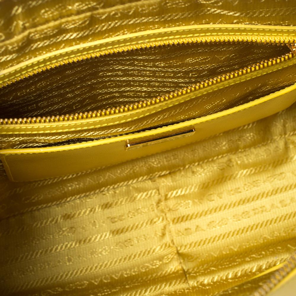 Prada Yellow/White Saffiano Patent Leather Flower Bauletto Bag 1