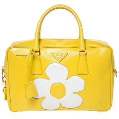Prada Yellow/White Saffiano Patent Leather Flower Bauletto Bag
