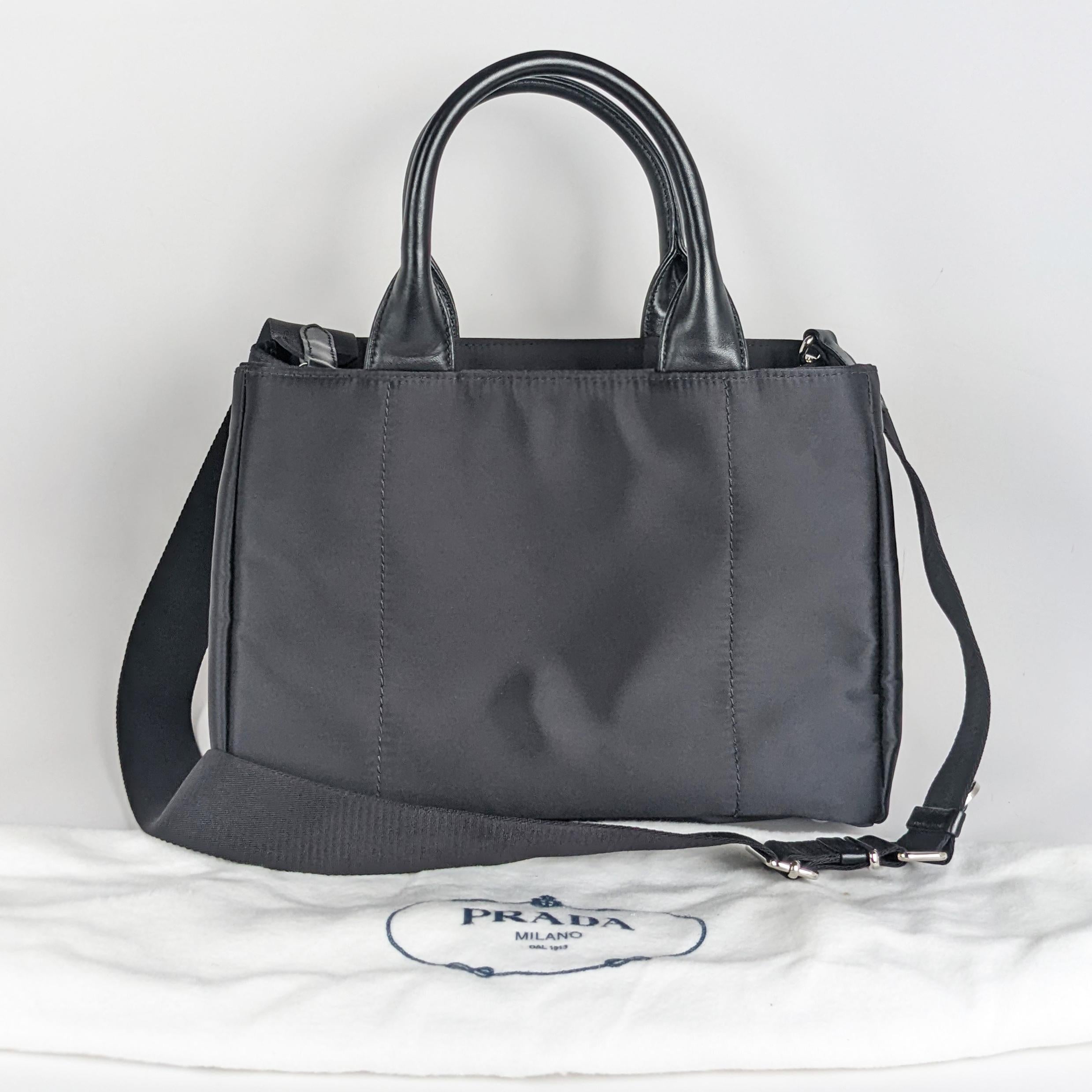Women's Prada Zip Pocket Chain Tote Bag Tessuto with Leather Small