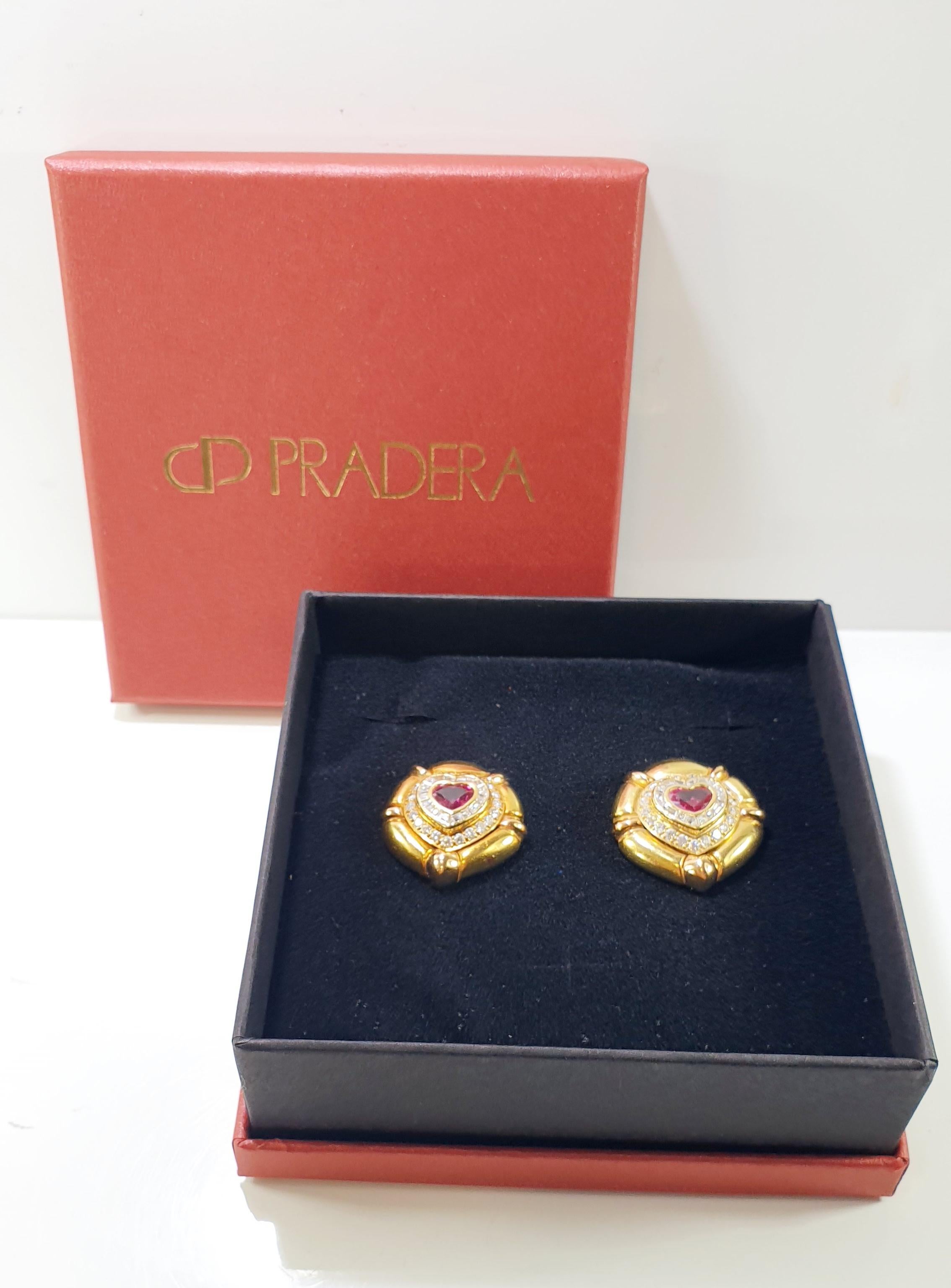 Women's Pradera 18k Gold Bulgary Style Earrings with Diamonds and Burma Heart Ruby For Sale