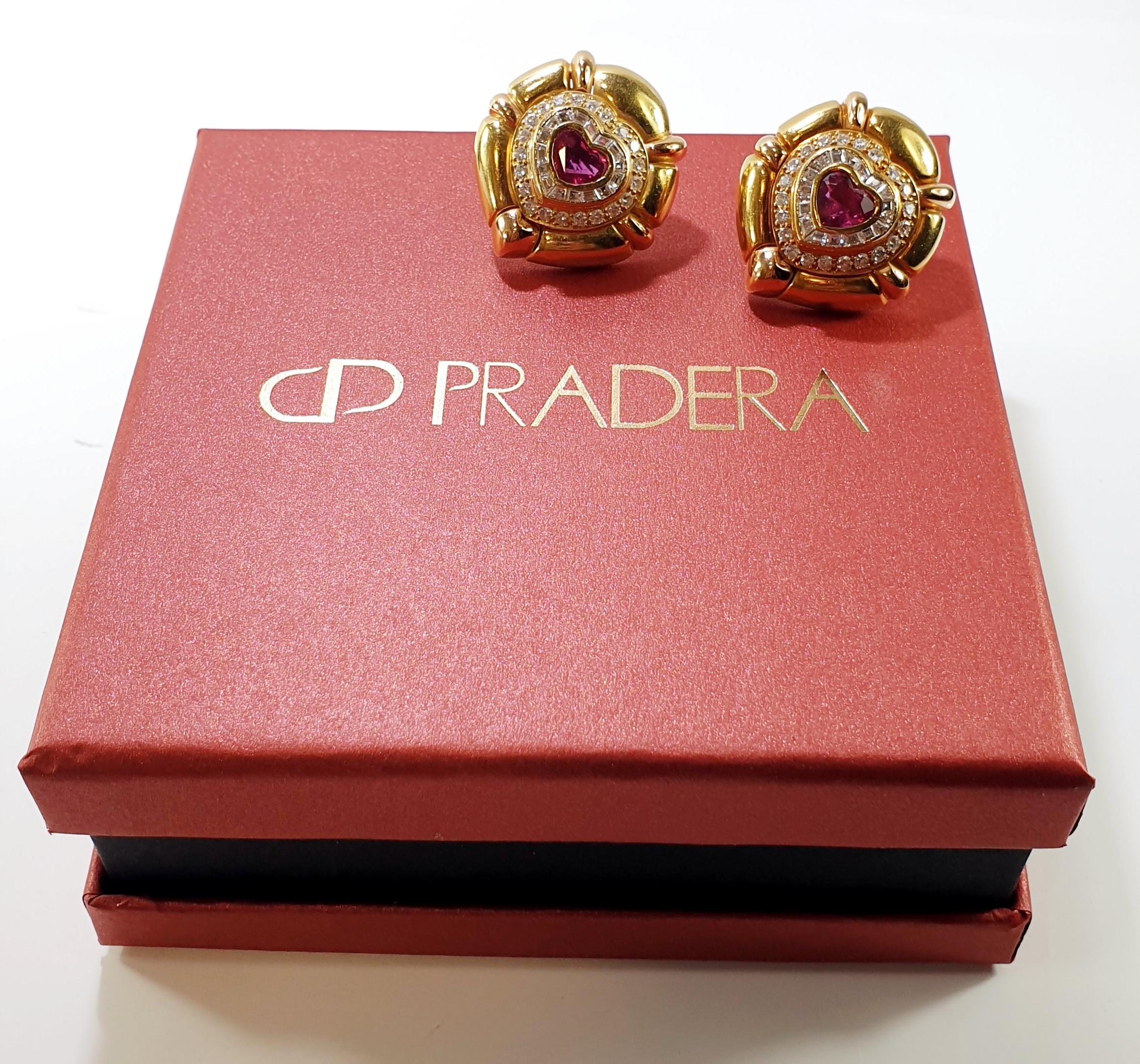 Pradera 18k Gold Bulgary Style Earrings with Diamonds and Burma Heart Ruby For Sale 1