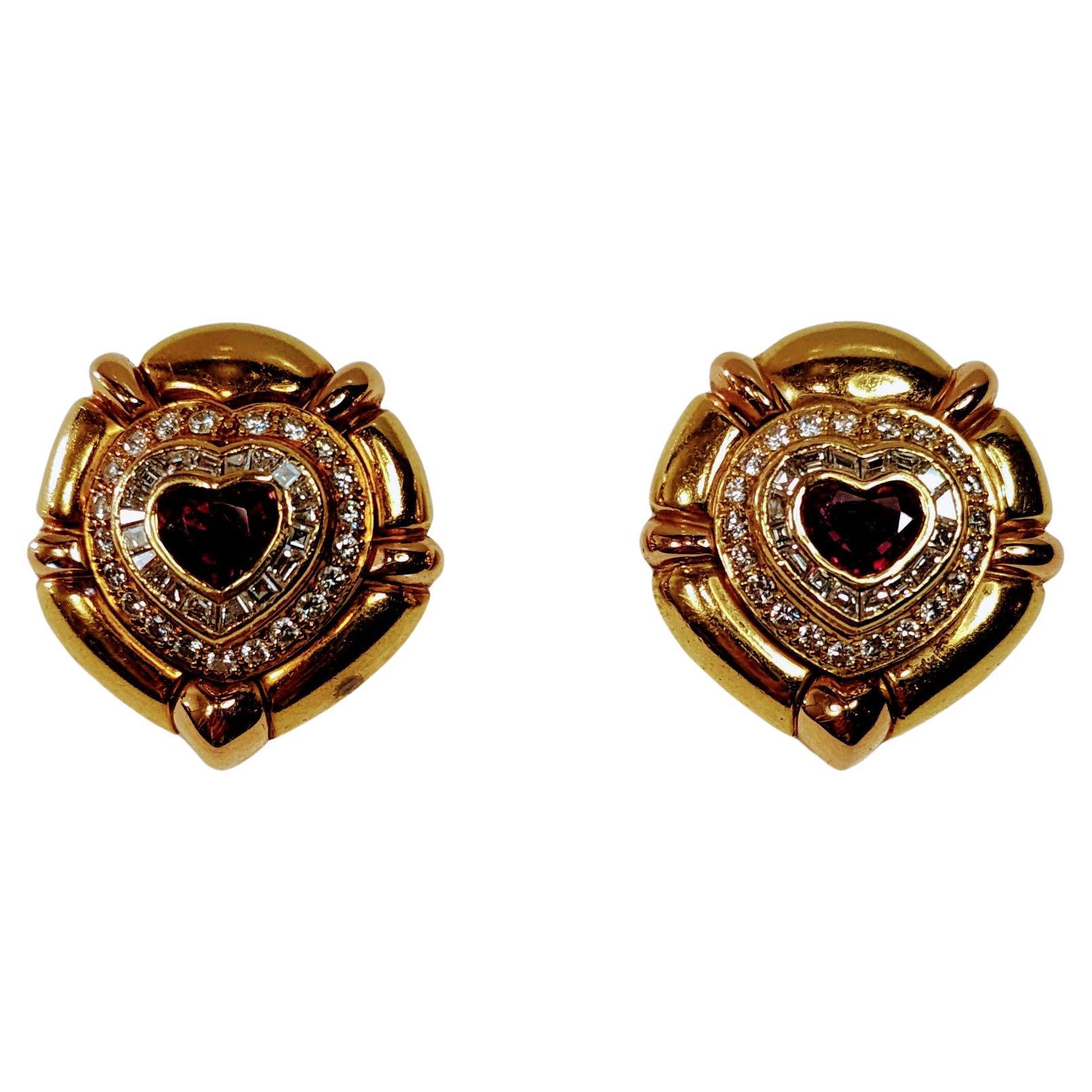 Pradera 18k Gold Bulgary Style Earrings with Diamonds and Burma Heart Ruby For Sale