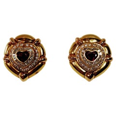 Pradera 18k Gold Bulgary Style Earrings with Diamonds and Burma Heart Ruby