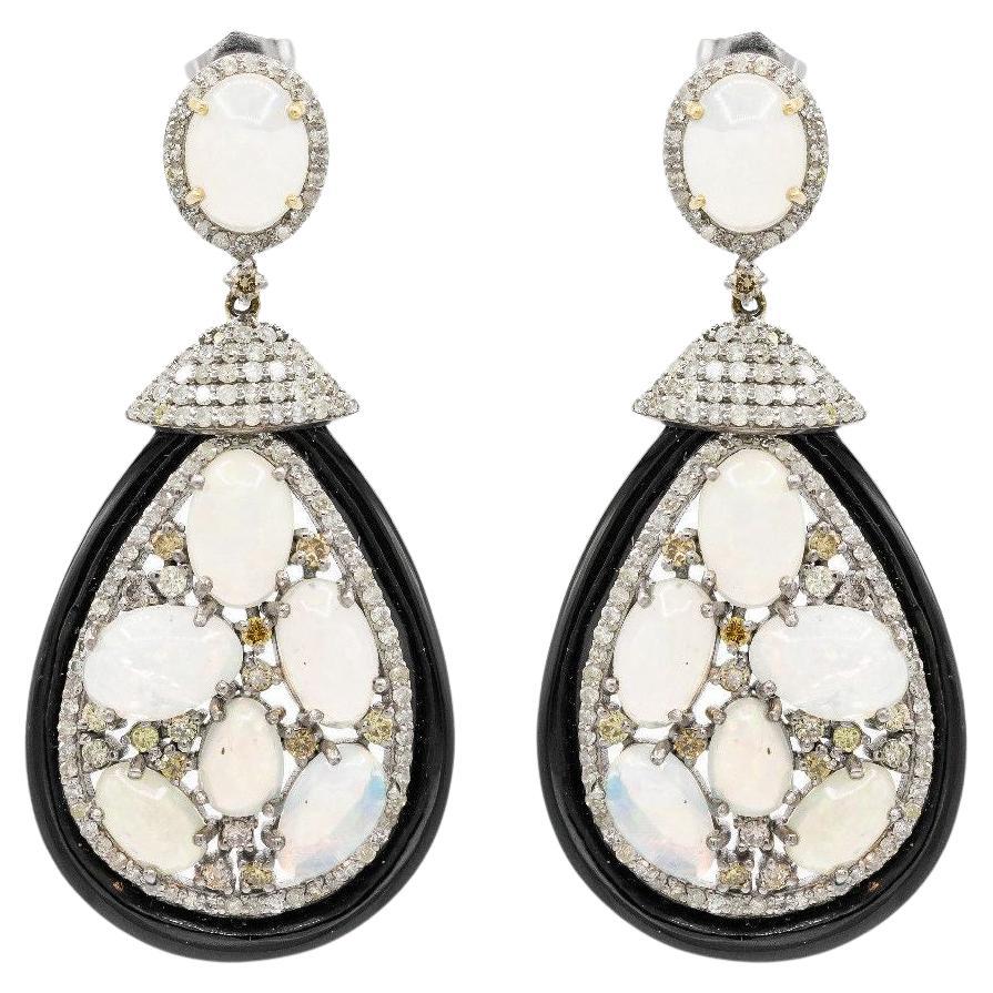 Pradera Jewels Boucles d'oreilles en or et argent 14K avec diamants, onyx et opales