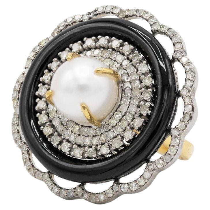 Anello Pradera Jewell in oro e argento 14K con diamanti, onice e perle in vendita