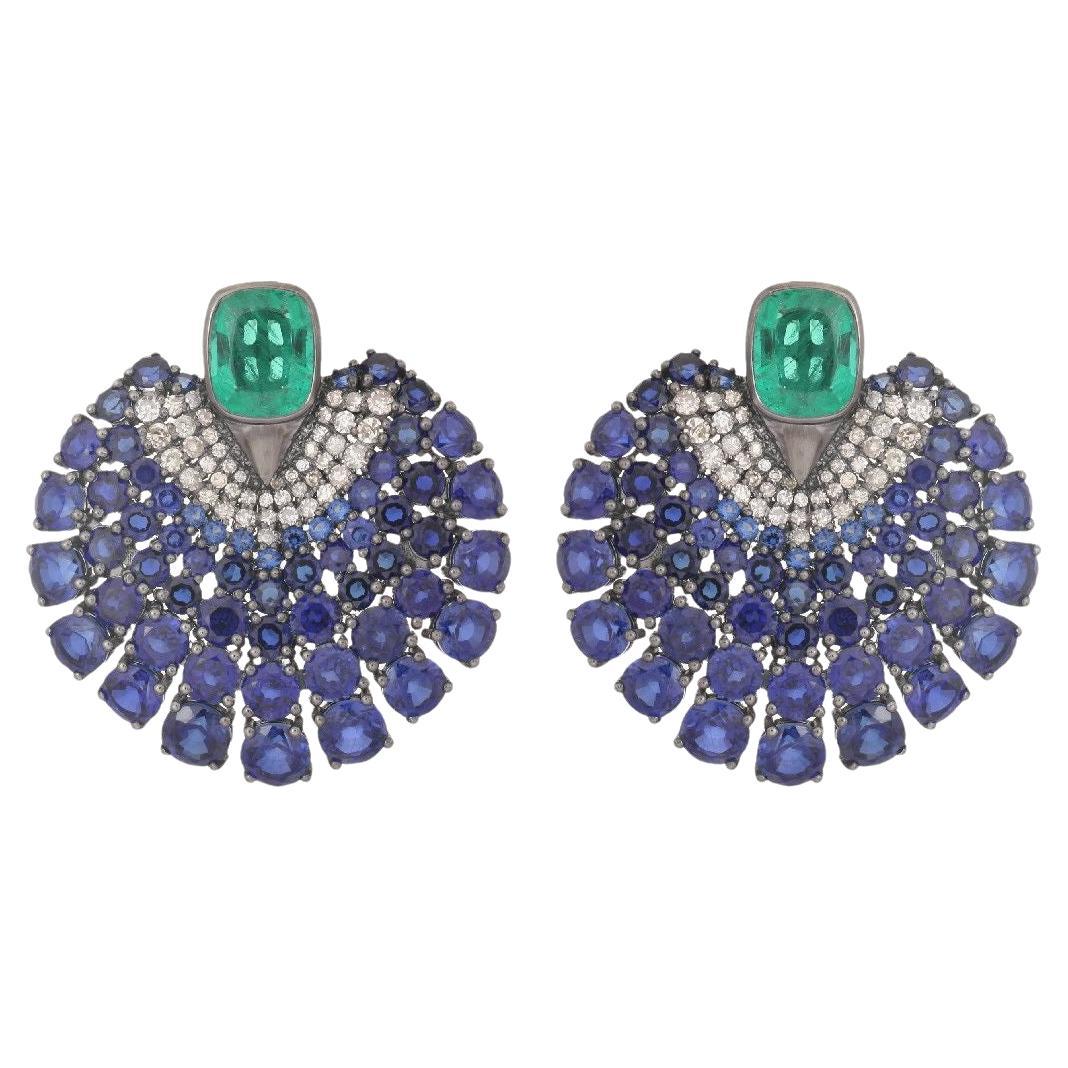 Pradera Jewels 18K Gold & Silver Earrings with Diamonds, Emerald & Sapphire