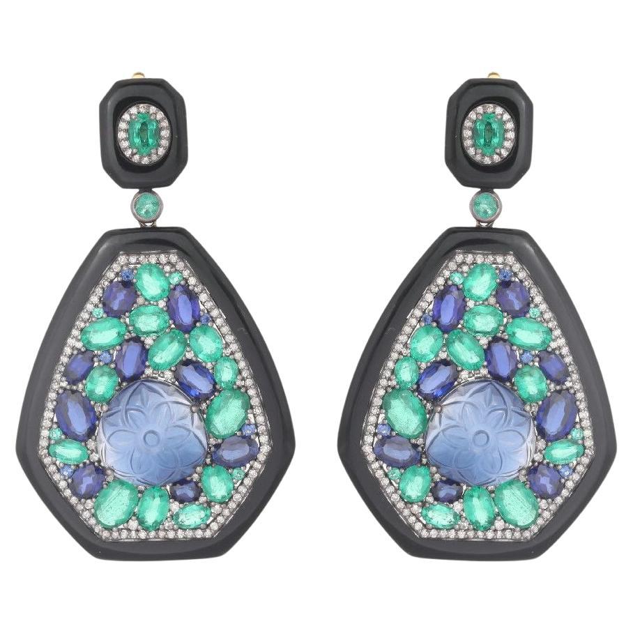 Pradera Joyas Pendientes de Oro y Plata de 18 K con Diamantes, Esmeralda y Zafiro en venta